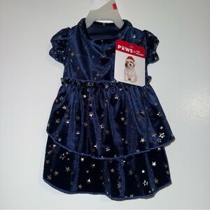 🆕 Paws for the Season Navy BlueVelour Dog Dress w/ Silver Stars Size Small